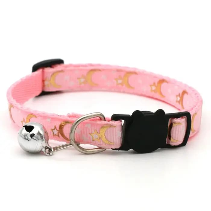Collier pour chat étoiles et lune dorées avec boucle de sécurité réfléchissante et cloche