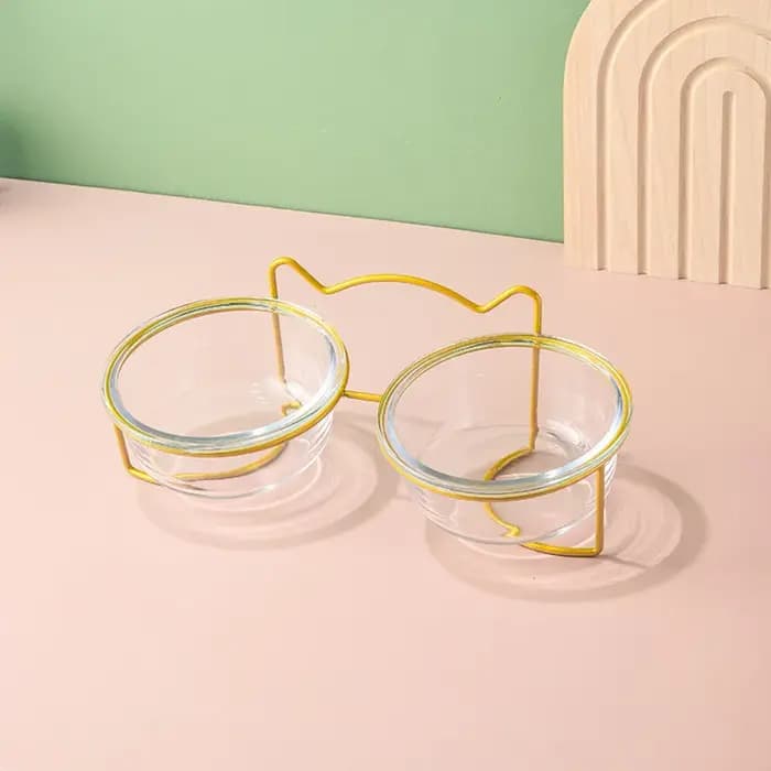 Bol en verre double paroi 400 ml pour chat et chien avec support en fer doré, gamelle pour chiot, accessoires pour animaux de compagnie, chat et chien